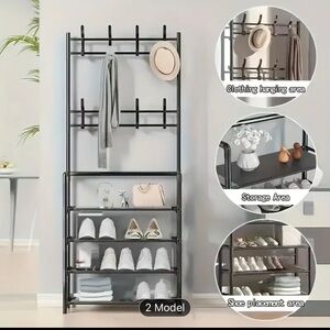 Black Metal Entryway Storage Unit with Coat Rack and Shoe Organizer